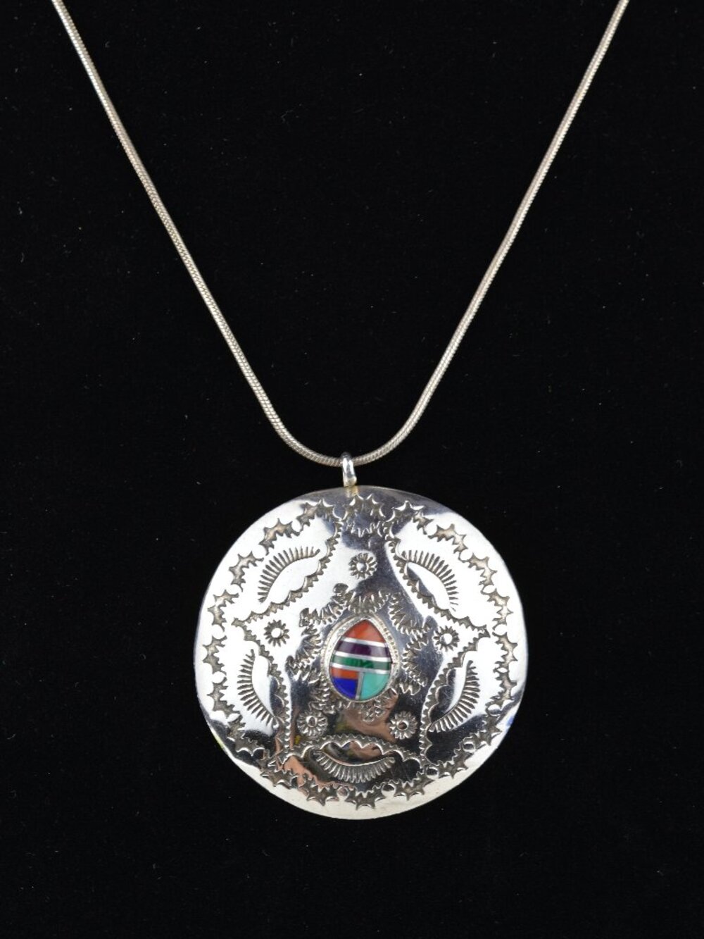 Vtg Sterling Silver Native American Concho Pendant Necklace 18" Inlay 925 11.9g